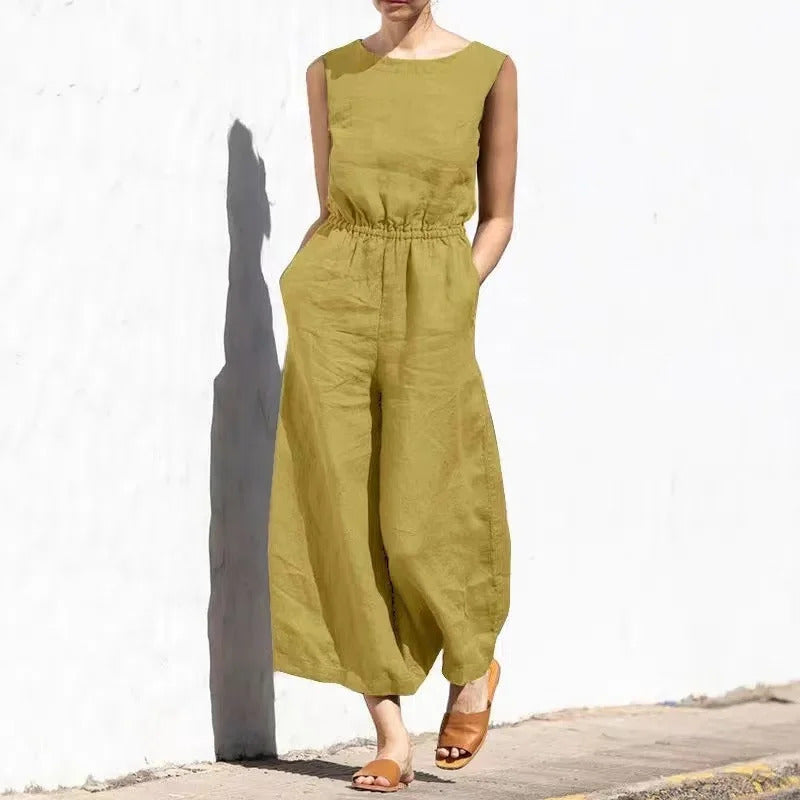 Magnolia - Lässiger Rundhals-Baumwoll-Leinen-Jumpsuit