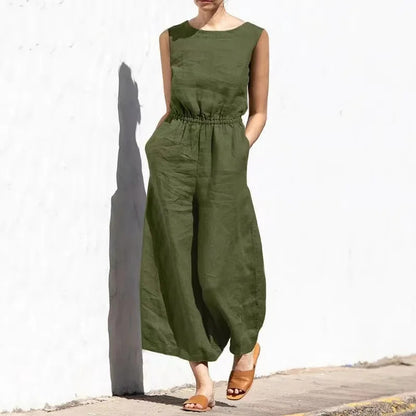 Magnolia - Lässiger Rundhals-Baumwoll-Leinen-Jumpsuit