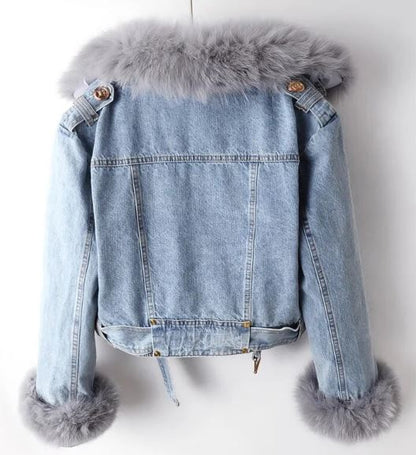 JULLIE - Kurze Damen-Denim-Jacke mit Fuchspelzkragen und Kaninchenfell